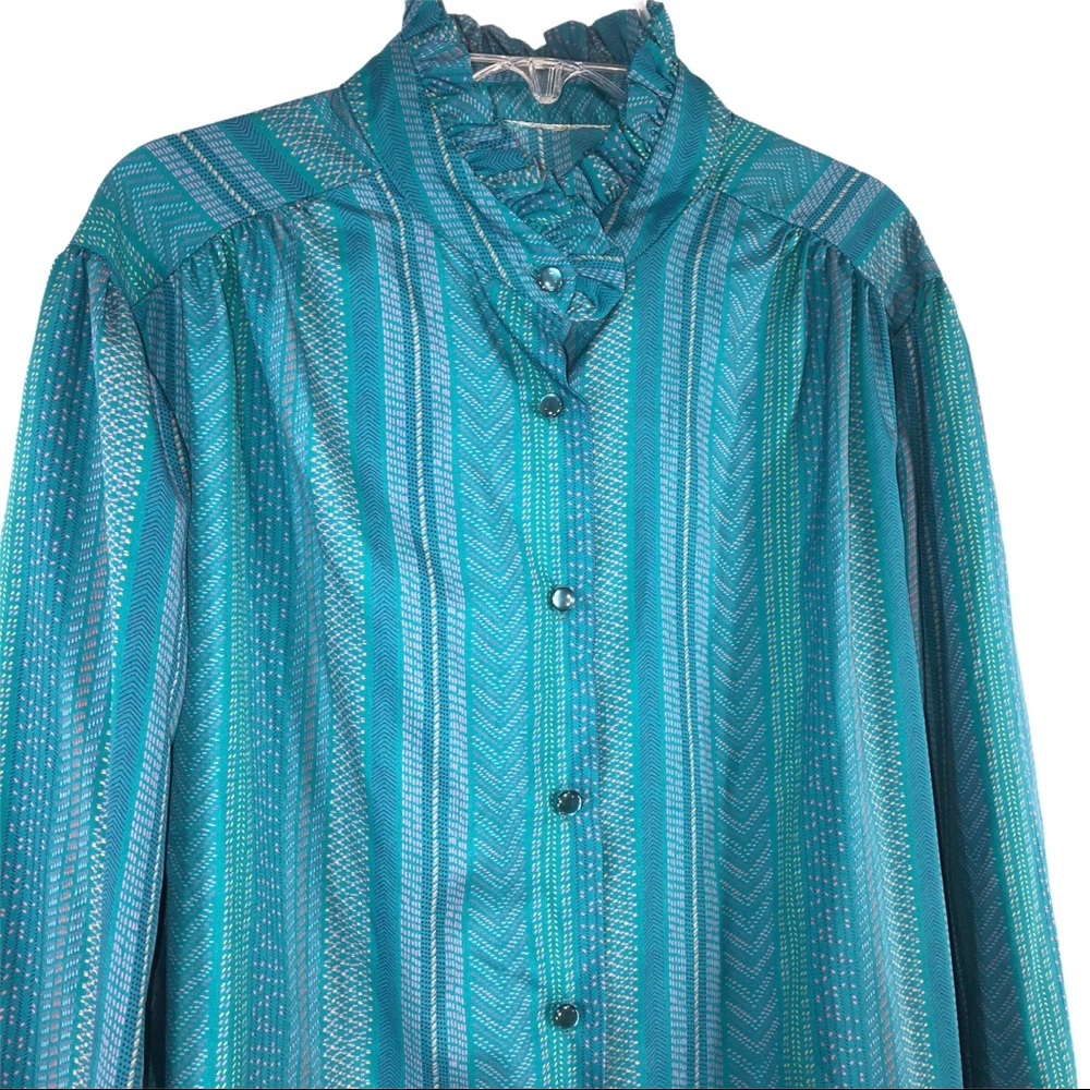 Vintage Turquoise Print Blouse, Size 1X
